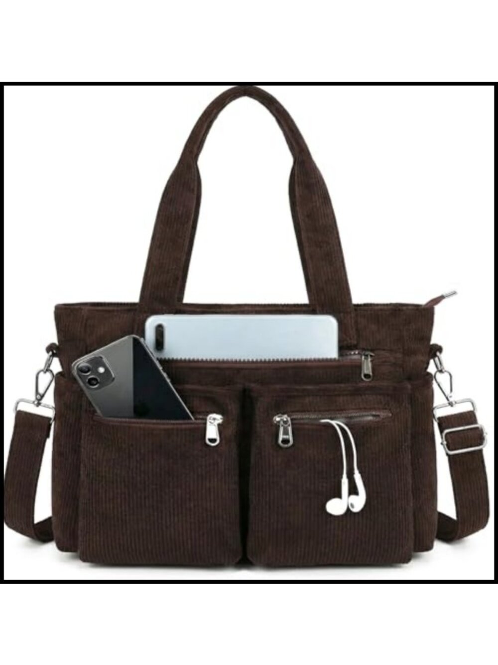 Corduroy Tote Bag with Multi Pockets Crossbody Shoulder Purse for Work Travel